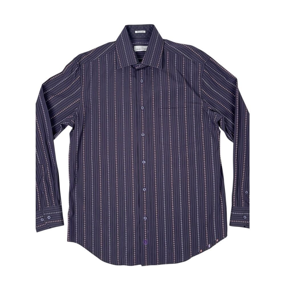 Bugatchi Uomo Dress Shirt Mens L Large Purple Striped Cotton Long Sleeve Collar
